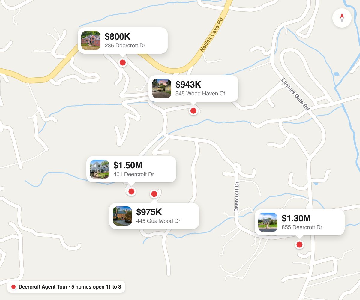 Map of Deercroft with the five tour homes and their prices